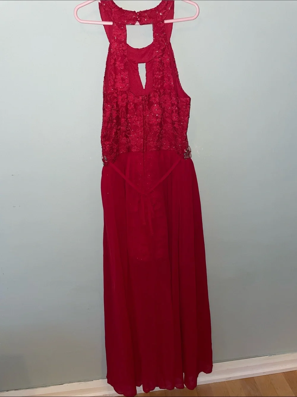 Speechless Red Beaded Halter High-Low Formal Dress